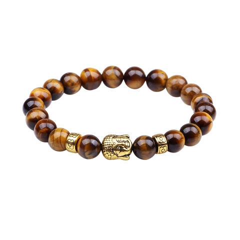 Men Beaded Bracelet With Lava Stone Agate Tiger Eye White Turquoise And Alloy Buddha Head Elastic Zen Yoga Jewelry