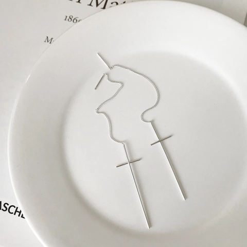 Orecchini a Filo Lungo in Argento Sterling S925 Minimalista con Croce per Donna Stile Coreano Orecchino Pendente Geometrico