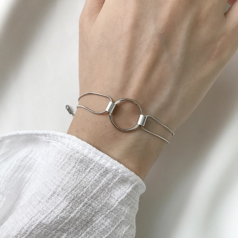 Minimalist 925 Sterling Silver Bracelet For Women Layered Snake Bone Chain Geometric Hollow Round Circle Ring Charm Adjustable Jewelry