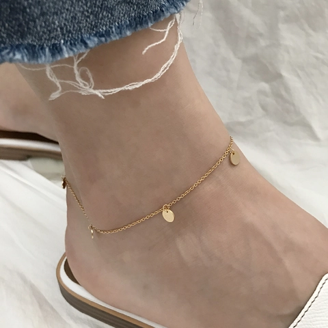 925 Sterling Silber Fußkettchen Für Damen 18K Vergoldet Runder Pailletten Anhänger Verstellbare O-Kette Sommer Schmuck