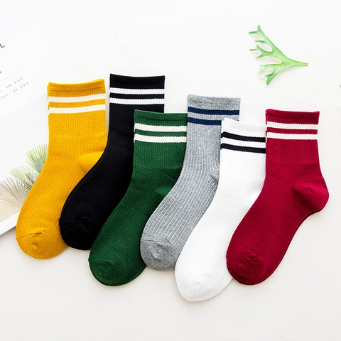 Damen Wadenlange Crew Socken Atmungsaktive Baumwollmischung Doppelstreifen Rippen Sportliche Lässige Streetwear Damenstrümpfe