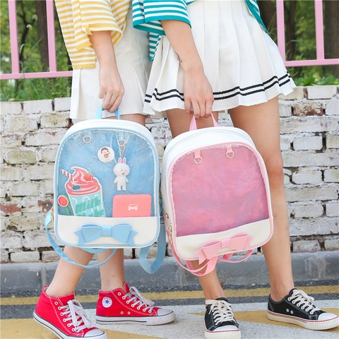Japanischer Stil Süße Schleife Ita Tasche Mädchen PU Leder PVC Transparentes Fenster Rucksack Schule Glitzer
