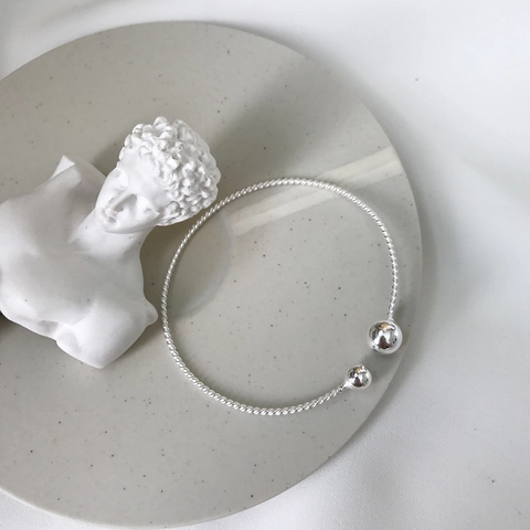 925 Sterling Silber Offener Armreif Armband Gedrehtes Seildesign Doppelperlen Verstellbarer Vintage Minimalistischer Schmuck