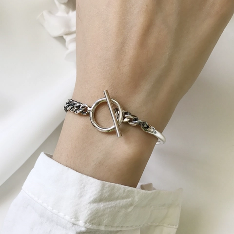 925 Sterling Silver Bracelet Asymmetrical Curb Chain Solid Bar Retro Vintage Style OT Toggle Clasp Jewelry For Women