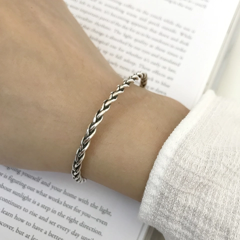Vintage 925 Sterling Silber Offene Manschette Armband Gedrehtes Seil Handgewebtes Muster Verstellbarer Schmuck