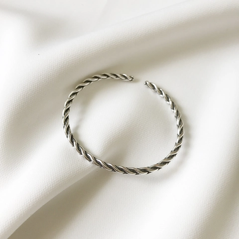 Vintage 925 Sterling Silber Offene Manschette Armband Gedrehtes Seil Handgewebtes Muster Verstellbarer Schmuck