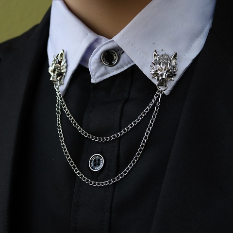 Vintage Legering Wolfskop Broche Met Kwast Ketting Voor Mannen Vrouwen Westerse Dominerende Pak Kraag Pin Mode Sieraden Cadeau