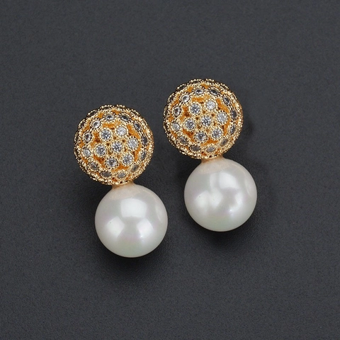 Elegante Kunstparel Hangende Oorbellen Met Micro Pave Zirkonia Bal Koper En 925 Sterling Zilveren Oorknopje Voor Dames