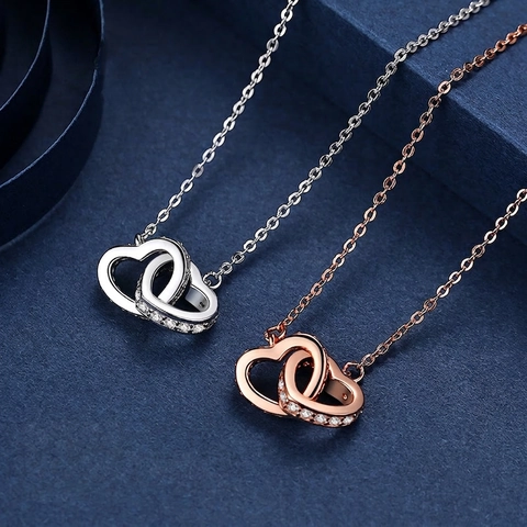 Ineinandergreifende Doppelte Herz Halskette 925 Sterling Silber Zirkonia Eleganter Schmuck Geschenk Für Frauen