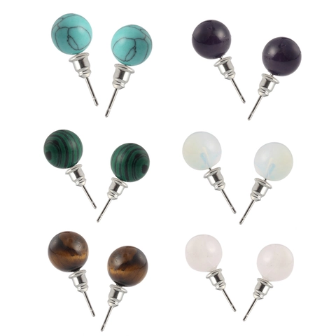 Natural Stone Round Ball Stud Earrings Tiger Eye Turquoise Rose Quartz Minimalist For Women With Silver Earring Post