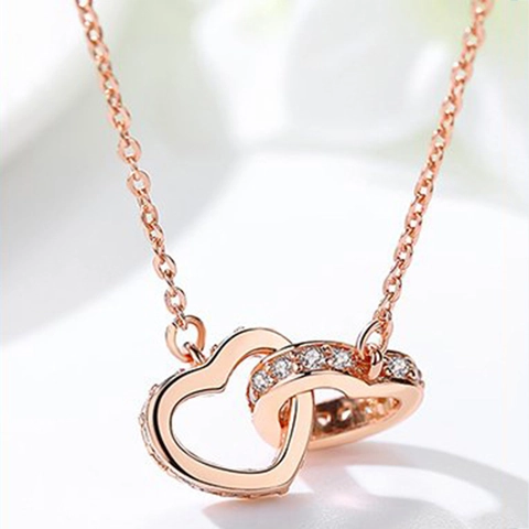 Ineinandergreifende Doppelte Herz Halskette 925 Sterling Silber Zirkonia Eleganter Schmuck Geschenk Für Frauen