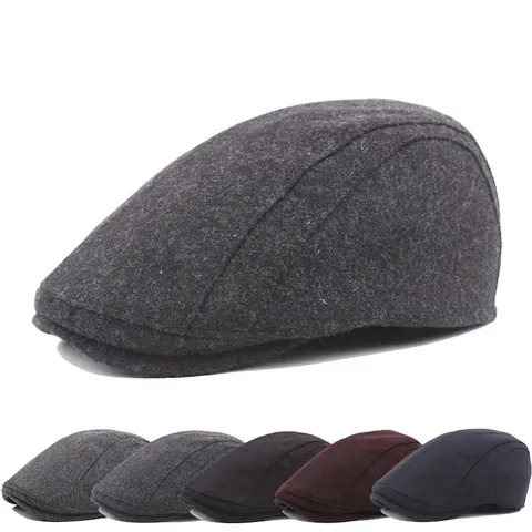 Classic Wool Blend Flat Cap British Vintage Style Solid Color Warm Adjustable Beret Ivy Hat For Men And Women