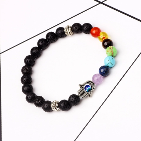 7 Chakra Heilperlen Armband Lavastein Hamsa Hand Böser Blick Charm Elastischer Yoga Meditation Schmuck Herren Damen