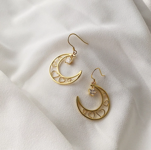Mond Stern Ohrhänger Hohles Herzmuster Vergoldet Zirkon Hängen Schmuck Für Damen Mit 925 Silber Ohrring Pfosten