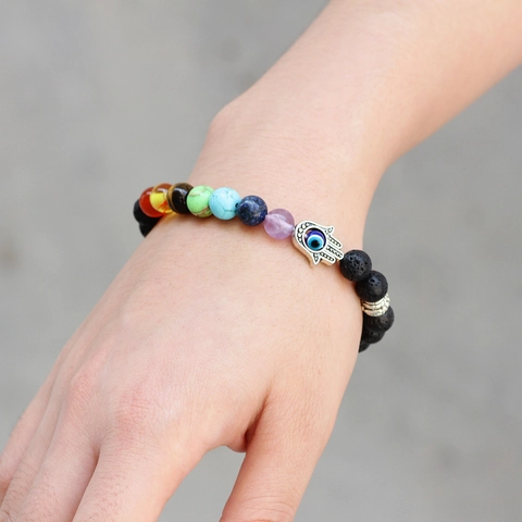 7 Chakra Heilperlen Armband Lavastein Hamsa Hand Böser Blick Charm Elastischer Yoga Meditation Schmuck Herren Damen