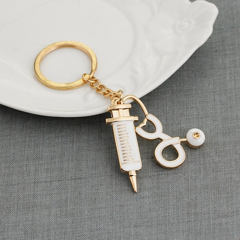 Zinc Alloy Medical Stethoscope Syringe Keychain Gold White Enamel Pendant Nurse Doctor Medical Student Graduation Gift Creative Keyring