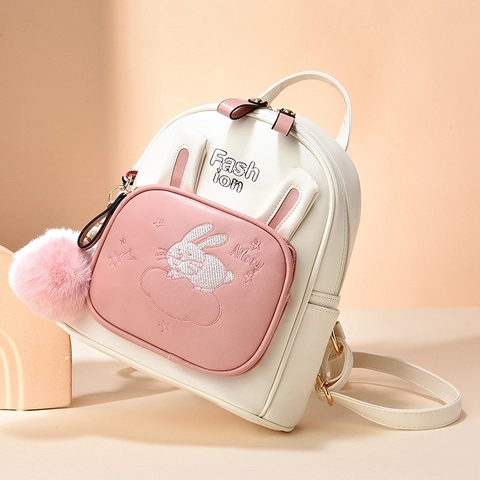 Sweet PU Leather Rabbit Ear Backpack For Girls Cute Heart Rabbit Embroidery School Bag With Pom Pom Pendant Student Travel Daypack