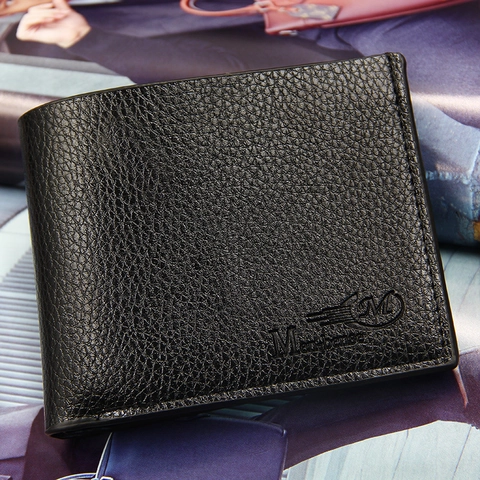 Men Short Wallet PU Leather Litchi Grain Bifold Horizontal Card Slots ID Window Zipper Coin Pocket Simple Business Style