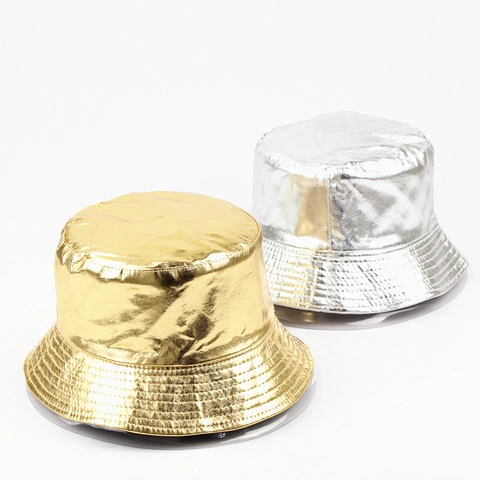 Cappello Da Pescatore Metallico Lucido Reversibile Rivestimento PU Misto Cotone Pieghevole Protezione Solare Festa Unisex