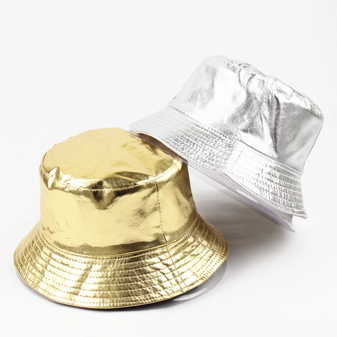 Cappello Da Pescatore Metallico Lucido Reversibile Rivestimento PU Misto Cotone Pieghevole Protezione Solare Festa Unisex