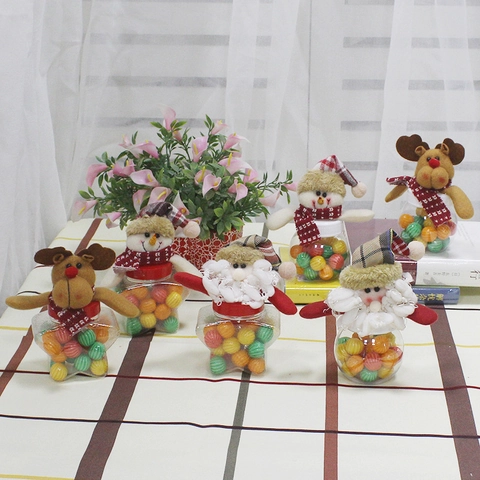 Pots À Bonbons De Noël Récipients En Plastique Transparents Étoiles Ronds Avec Poupées Peluches Père Noël Bonhomme De Neige Renne
