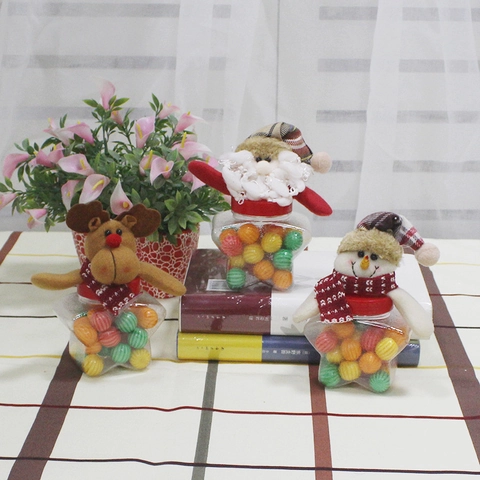 Pots À Bonbons De Noël Récipients En Plastique Transparents Étoiles Ronds Avec Poupées Peluches Père Noël Bonhomme De Neige Renne