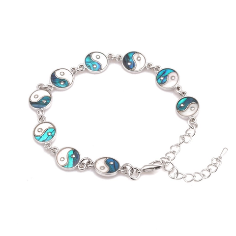 Yin Yang Tai Chi Charme Armband Abalone Muschel Einlage Legierung Silberfarben Verstellbare Kette Ethno Boho Schmuck