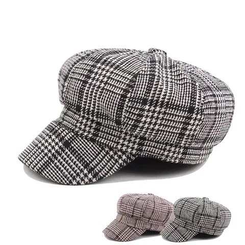 Houndstooth Newsboy Cap Women Winter Warm Octagonal Hat Retro British Style Cotton Polyester Painter Cap