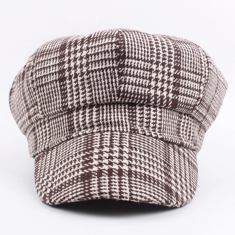 Houndstooth Newsboy Cap Women Winter Warm Octagonal Hat Retro British Style Cotton Polyester Painter Cap