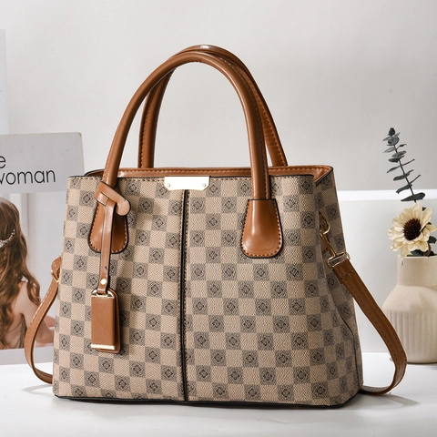 Borsa Donna Pelle PU Scacchi Traliccio Grande Capacità Borsa Spalla Tote Tracolla Rimovibile Hardware Dorato Vintage