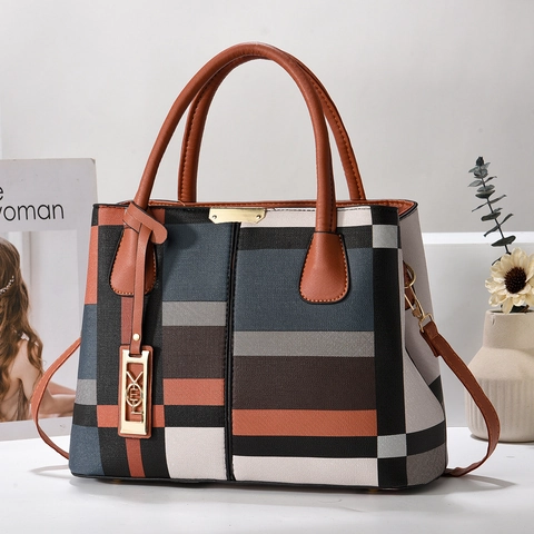 Borsa A Mano Grande Patchwork Geometrico Pelle PU Borsa A Spalla Con Doppi Manici Tracolla Lunga Donna