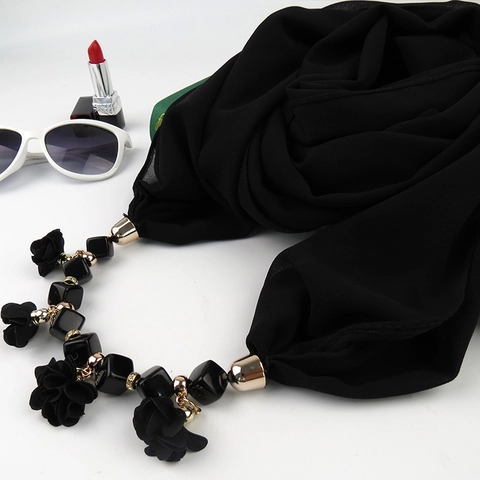 Collier Écharpe En Mousseline Avec Perles De Résine Bijoux En Alliage Et Fleur En Tissu Châle Décoratif Boho Femme