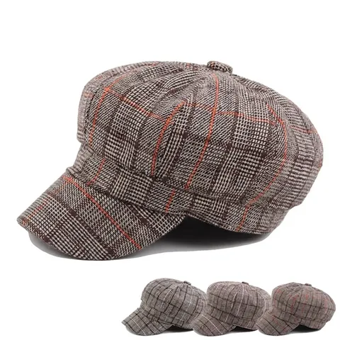 Casquette Gavroche À Carreaux Style Britannique Chapeau Octogonal Rétro Pour Femmes Mélange Coton Polyester Chaud Décontracté