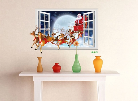 Autocollant Mural 3D Noël Père Noël Renne Traîneau PVC Amovible Fausse Fenêtre Décoration Maison Vacances
