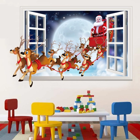 Autocollant Mural 3D Noël Père Noël Renne Traîneau PVC Amovible Fausse Fenêtre Décoration Maison Vacances