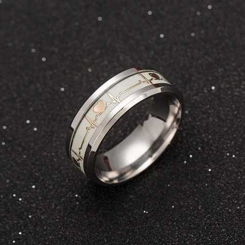 Bague Lumineuse Ligne de Battement de Cœur EKG avec Cœur pour Femmes Hommes Acier Inoxydable Brille dans le Noir Bijoux Punk Cadeau