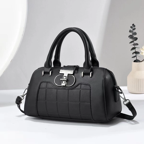 Plaid Quilted Boston Bag PU Leather Top Handle Handbag Crossbody Shoulder Purse With Metal Lock For Women Elegant
