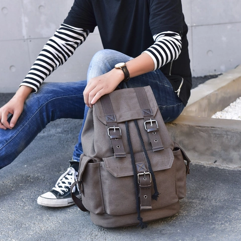 Vintage Canvas Backpack Large Capacity Retro Casual Travel Bag Multipurpose Streetwear Rucksack With Faux Leather Straps