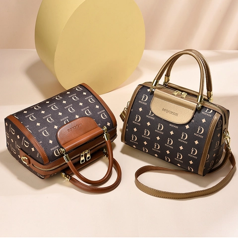 Retro Monogram Print Boston Bag PU Leather Large Capacity Handbag With Detachable Shoulder Strap For Women Fashion
