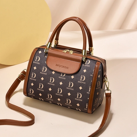 Retro Monogram Print Boston Bag PU Leather Large Capacity Handbag With Detachable Shoulder Strap For Women Fashion