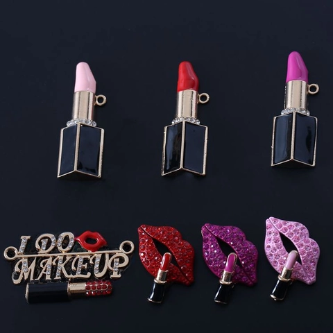 Lipstick Lips Charms For DIY Jewelry Making Alloy Rhinestone Enamel Makeup Theme Craft Accessory For Phone Case Keychain