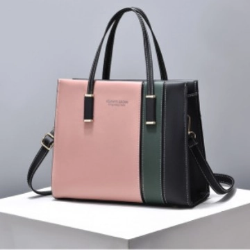 Modische Color Block Tragetasche Für Damen Geräumige PU Leder Schultertasche Mit Verstellbarem Riemen Abnehmbarem Griff