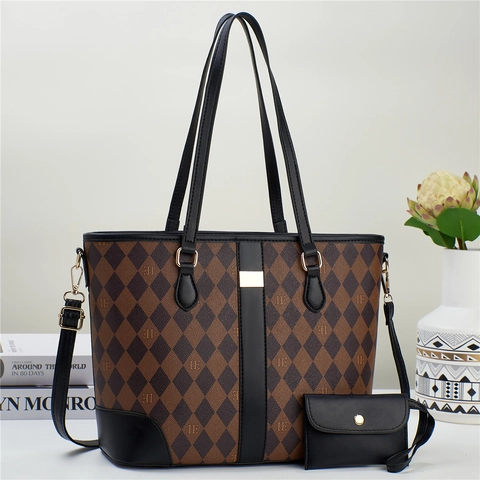 Women Fashion Quilted Rhombus Tote Bag And Matching Pouch Large Capacity PU Leather Vintage Contrast Color Handbag Mother Bag