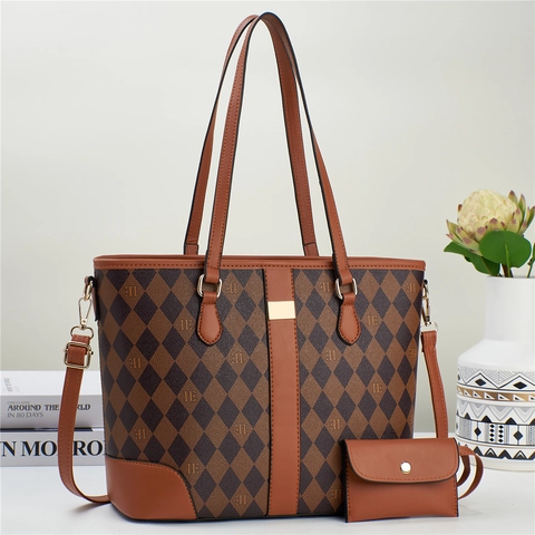 Women Fashion Quilted Rhombus Tote Bag And Matching Pouch Large Capacity PU Leather Vintage Contrast Color Handbag Mother Bag