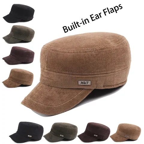 Corduroy Cadet Cap Winter Military Hat Warm Flat Top Cap With Earflaps Adjustable For Men Vintage Outdoor Casual Style
