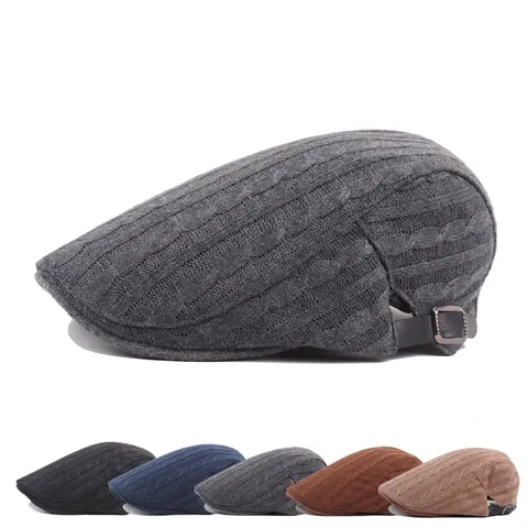 Knitted Beret Hat For Men Women Cable Knit Peak Cap With Adjustable Leather Strap Vintage Warm Winter Ivy Cap