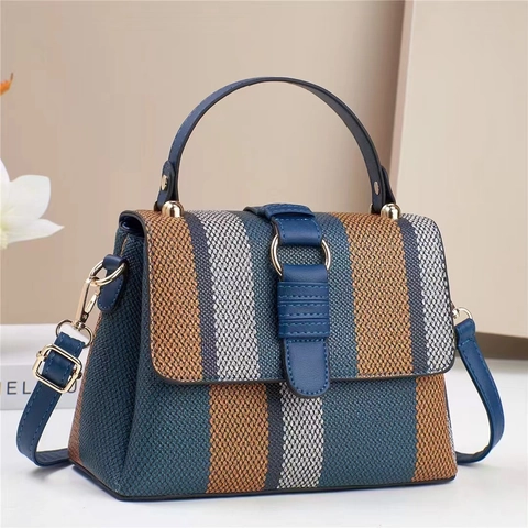 Fashion Color Block Women Tote Bag PU Leather Woven Texture Striped Shoulder Crossbody Bag Large Capacity Commuting Handbag