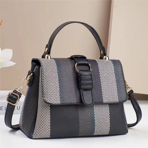 Fashion Color Block Women Tote Bag PU Leather Woven Texture Striped Shoulder Crossbody Bag Large Capacity Commuting Handbag