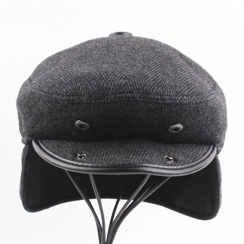 Men Winter Warm Forward Cap Woolen Herringbone With Ear Flaps Retro Ivy Flat Cap For Middle Aged Outdoor Casual Hat