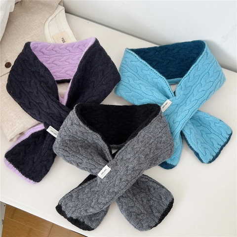 Pure Wool Neck Warmer Scarf Two-Tone Cable Knit Pull Through Bicolor Winter Thick Warm Fashion Accessories For Women